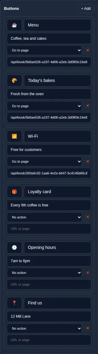 The Buttons panel with six buttons. Menu, Today's bakes and Wi-Fi are set to Go to page, each with an address that starts with /api/kiosk/. Loyalty card, Opening hours and Find us are set to No action, with the address box empty.
